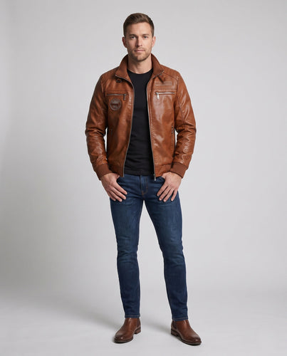 Herren Stilvolle Lederjacke mit Hohem Kragen Nord Taschen