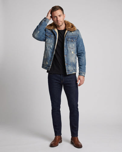 Herren-Denimjacke mit Sherpa-Futter und voluminösem Fellkragen Nord Taschen