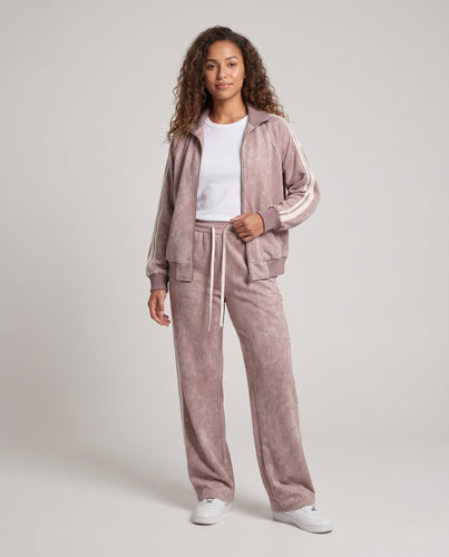 Damen Oversize Samt Effekt Track Bomberjacke mit Hohem Kragen, Kontraststreifen & Rippbündchen Nord Taschen