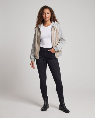 Damen Oversize Strick-Hoodie-Bomber mit Mélange-Front, Raglanärmeln & Voller Reißverschluss Nord Taschen