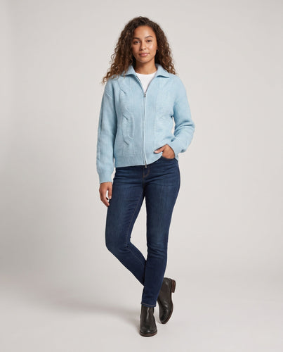 Damen Oversized Cardigan mit Kabelmuster, Reißverschluss & Stehkragen Nord Taschen