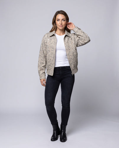 Damen Oversize Strukturierte Bomberjacke mit Stehkragen, Brustreißverschlüssen & Elastischem Saum Nord Taschen