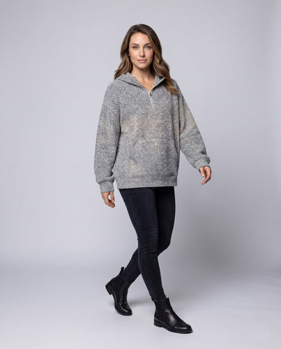 Damen übergroßer strukturierter Kapuzenpullover mit halbem Reißverschluss & Kängurutasche Nord Taschen
