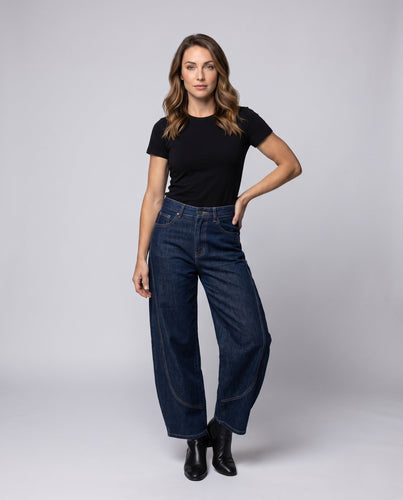 Damen Palazzo-Hosen-Jeans mit weitem Bein, hoher Taille und dekorativen Nähten Nord Taschen