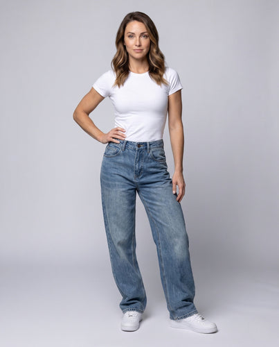 Damen Relaxed High-Waist Baggy Jeans mit weitem Bein und Vintage-Waschung Nord Taschen