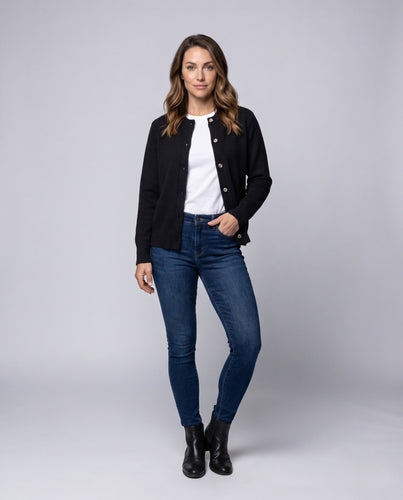 Damen Rundhals Feinstrick-Cardigan mit Knopfleiste und gerippten Bündchen Nord Taschen