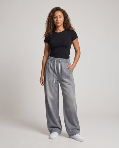 Damen Weite Denim Harem-Hosen mit Elastischem Kordelzugbund & Ballonförmigem Saum Nord Taschen