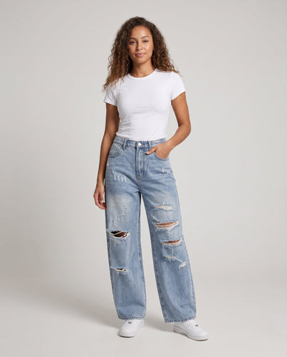 Damenweite zerstörte Baggy-Jeans mit elastischem Bund Nord Taschen