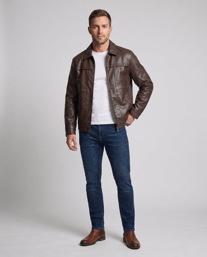 Herren Elegante Kunstleder Feldjacke mit Hemdkragen, verdecktem Zwei-Wege-Reißverschluss und multifunktionalen Taschen Nord Taschen