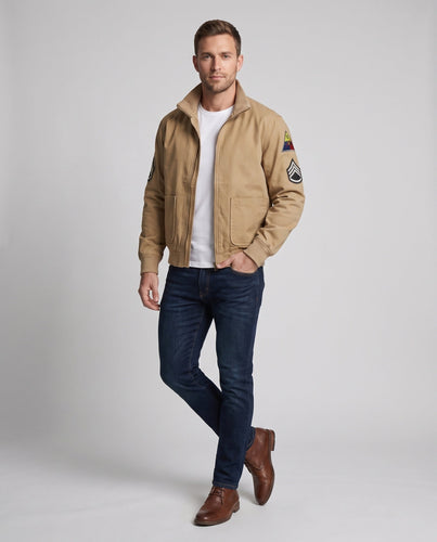 Männer Feld Bomberjacke im Utility-Look mit gestickten Abzeichen, Stehkragen & aufgesetzten Taschen Nord Taschen
