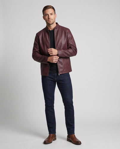 Herren Kunstleder Bikerjacke mit Stehkragen, Slim Silhouette & Zweirichtungsreißverschluss Nord Taschen