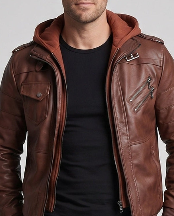Herren Kunstleder Bomberjacke mit integrierter Kapuze, Utility-Taschen & gerippten Bündchen Nord Taschen