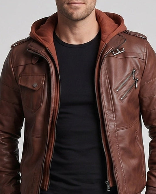 Herren Kunstleder Bomberjacke mit integrierter Kapuze, Utility-Taschen & gerippten Bündchen Nord Taschen