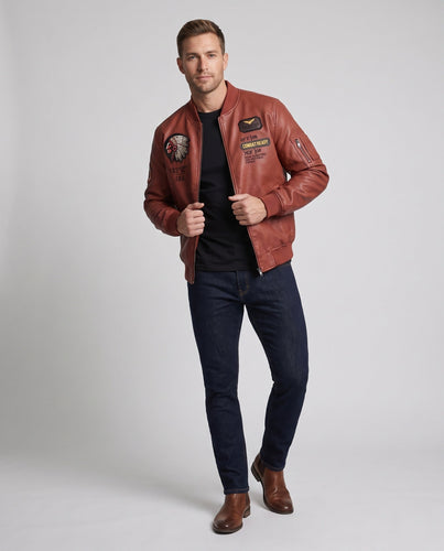 Herren Kunstleder Pilotjacke mit Abzeichenapplikationen & Teddy-Futter Nord Taschen