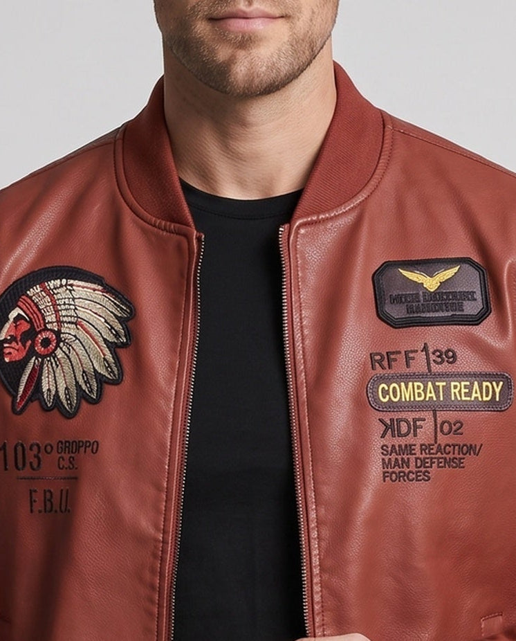 Herren Kunstleder Pilotjacke mit Abzeichenapplikationen & Teddy-Futter Nord Taschen