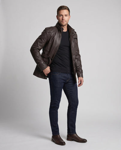 Herren Langer Kunstleder Parka mit Teddy-Futter, Utility-Taschen & Stehkragen Nord Taschen