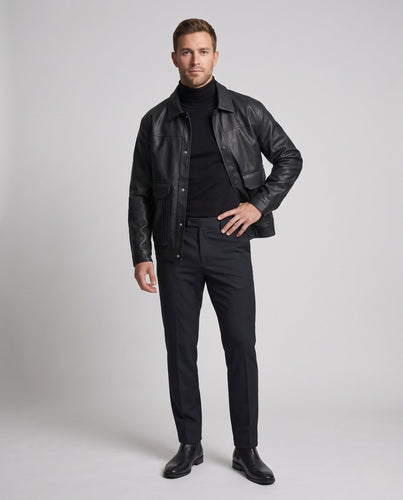 Herrenlederjacke im Worker-Stil mit Druckknopfverschluss und Klappentaschen Nord Taschen