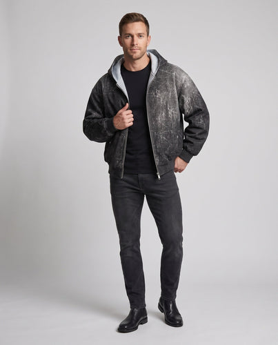 Herren Oversized Bomberjacke mit Marmorwasch-Effekt, Kapuze & doppeltem Reißverschluss Nord Taschen