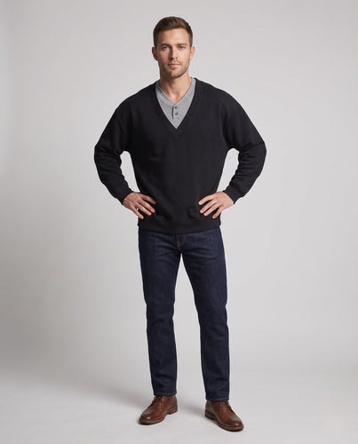 Herren Oversize Layered Look V-Ausschnitt Sweatshirt mit integriertem Henley-Einsatz Nord Taschen