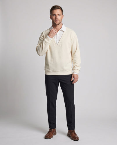 Herren Oversized Pullover mit tiefem V-Ausschnitt und eingesetzt Hemdkragen Nord Taschen