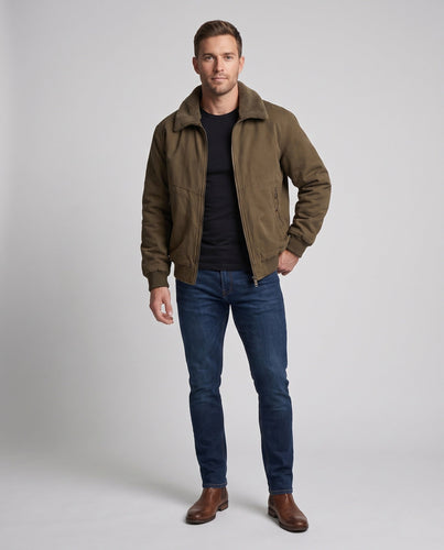 Herren Robuste Canvas-Bomberjacke mit Sherpa-Innenfutter, Stehkragen & Zwei-Wege-Reißverschluss Nord Taschen