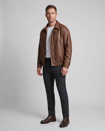 Herren Schlichte Kunstleder‑Blousonjacke im cleanen Blousonstil mit Hemdkragen, verdecktem Reißverschluss & elastischem Bund Nord Taschen