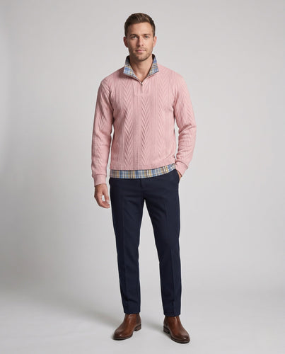 Herren Strick-Halbzippullover mit Zopfmuster, Stehkragen und kariertem Lagenlook Nord Taschen