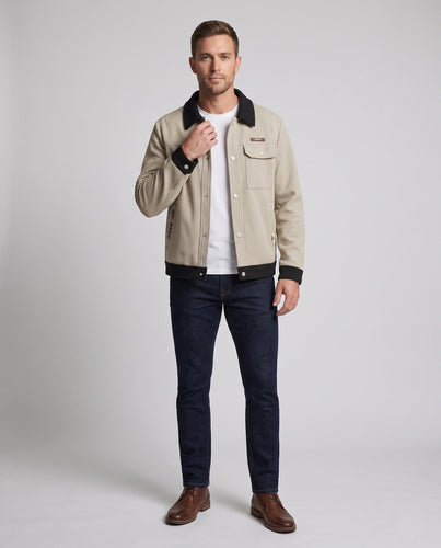 Herren Strukturierte Waffel-Übergangsjacke im Workerstil mit kontrastierendem Kragen, Druckknopffront & Utility‑Taschen Nord Taschen