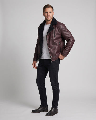 Herren Thermo-Lederimitat-Bomberjacke mit Teddyfutter, Reißverschlusstaschen & Druckknopfblende Nord Taschen
