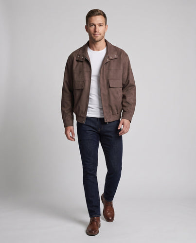 Herren Veloursleder‑Optik Overshirt‑Bomberjacke mit Pattentaschen Nord Taschen
