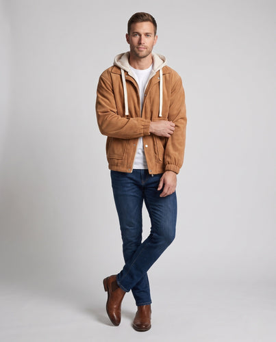 Herren Wattierte Cord-Fieldjacke mit gesteppter Innenlage, Kapuze & Teddyfutter Nord Taschen