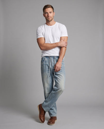 Herren Weite Baggy-Denimhose mit elastischem Kordelbund & Used-Wash Nord Taschen