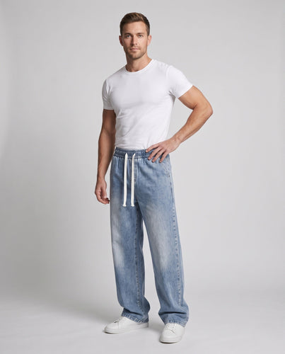 Herren Weite Relaxed-Jeanshose mit Tunnelzugbund und washed Denim-Optik Nord Taschen