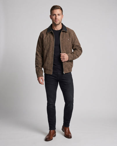 Herren Wildleder‑Optik Bomberjacke mit kontrastierendem Hemdkragen