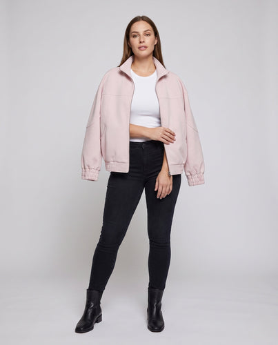 Unisex Oversize Velours-Optik Übergangsjacke mit Zwei-Wege-Metallreißverschluss, Stehkragen & elastischem Saum