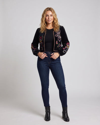Damen Bestickte Samt-Cropped-Jacke mit floraler Stickerei Nord Taschen
