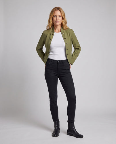 Damen Cropped Militärjacke mit Stehkragen, dekorativer doppelter Knopfleiste und Klapptaschen Nord Taschen