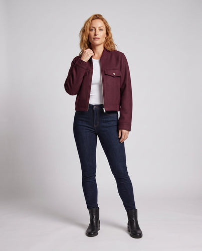 Damen Kurze Wollmix-Bomberjacke mit Reißverschluss, Pattentaschen und Rippkragen Nord Taschen