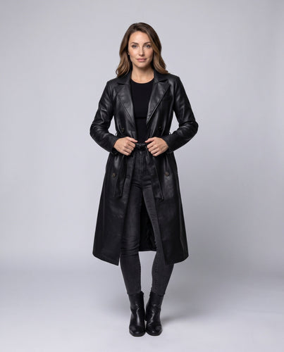 Damen längerer taillierter Trenchcoat aus veganem Lederlook mit Bindegürtel und Reverskragen Nord Taschen