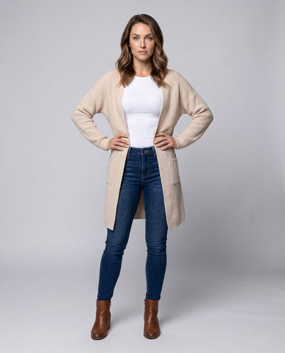 Damen Longline-Strickcardigan mit Rippenstruktur und aufgesetzten Taschen Nord Taschen
