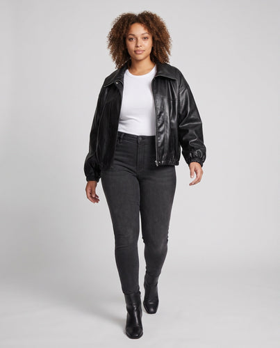 Damen Oversized Kunstlederjacke im Bomberstil mit Tunnelzugsaum Nord Taschen