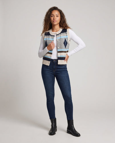 Damen Strickweste mit Knopfleiste, Argyle- und Streifenmuster, Rundhalsausschnitt Nord Taschen