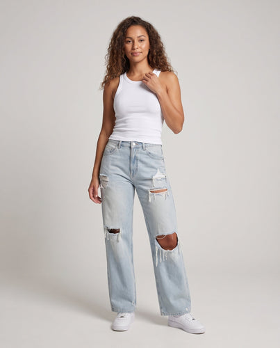 Damen Weite Distressed-Jeans mit hoher Taille und großen Rissen Nord Taschen