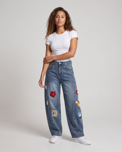 Damen Bunte Bestickte Baggy Jeans Nord Taschen