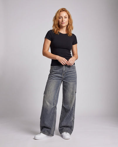 Damen Casual Weite Denim Hose Nord Taschen