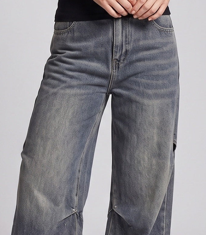 Damen Casual Weite Denim Hose Nord Taschen
