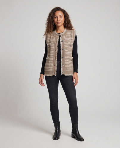 Damen Ärmellose Jacquard-Strickweste mit Knopfleiste, Fransen und aufgesetzten Taschen Nord Taschen