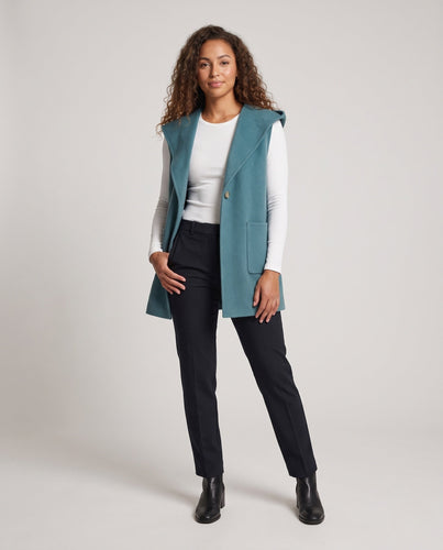 Damen Ärmellose Longweste mit Kapuze, weicher Wollmix und aufgesetzten Taschen Nord Taschen