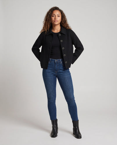 Damen Boxy‑Shortjacke aus Wollmix mit Hemdkragen und aufgesetzten Taschen Nord Taschen