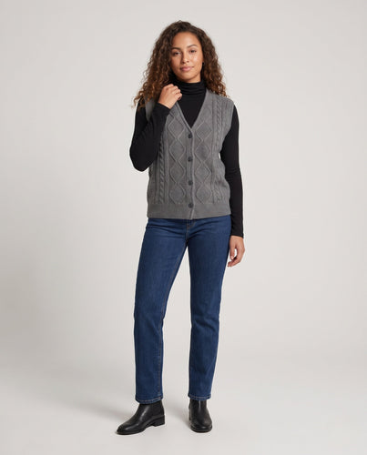 Damen Boxy‑Strickweste mit Diamantstruktur, V‑Ausschnitt und Holzknöpfen Nord Taschen